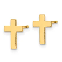 Two gold cross earrings with textured edges and post backs, shown at slightly different angles against a white background.
