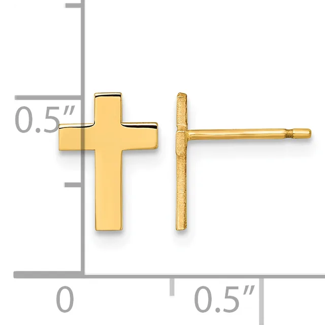 A pair of gold cross stud earrings shown from front and back views, measuring 0.5 inches, displayed on a measurement grid.