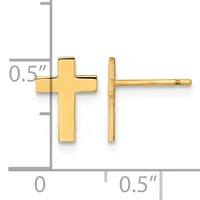A pair of gold cross stud earrings shown from front and back views, measuring 0.5 inches, displayed on a measurement grid.