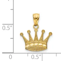Gold crown pendant with five points topped by small spheres, displayed against a ruler showing approximately 0.5 inches in height and width.