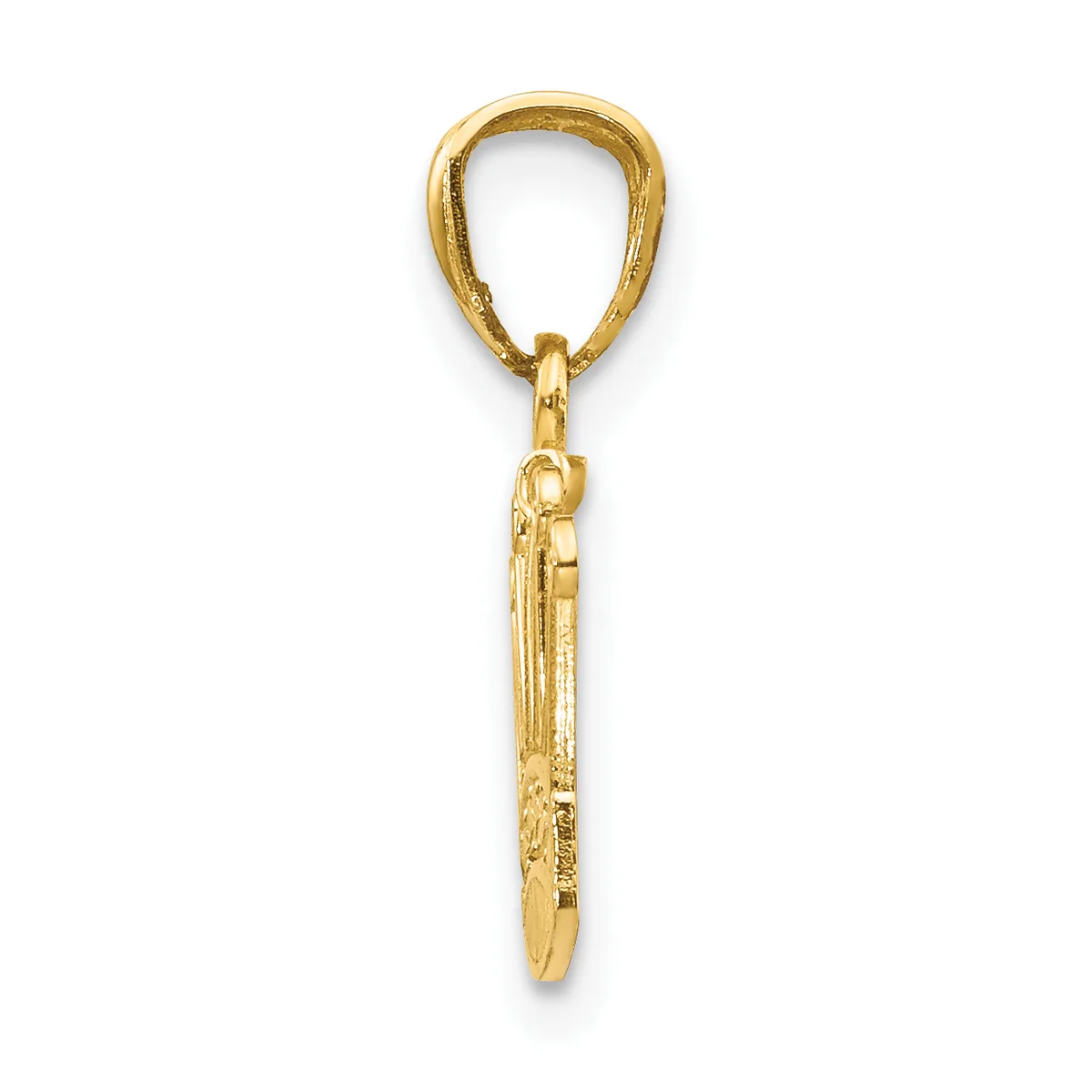 A gold pendant charm featuring a polished teardrop-shaped bail at the top connected to a textured vertical bar with decorative detailing.