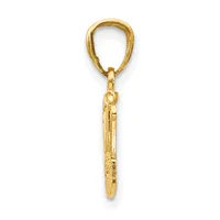 A gold pendant charm featuring a polished teardrop-shaped bail at the top connected to a textured vertical bar with decorative detailing.