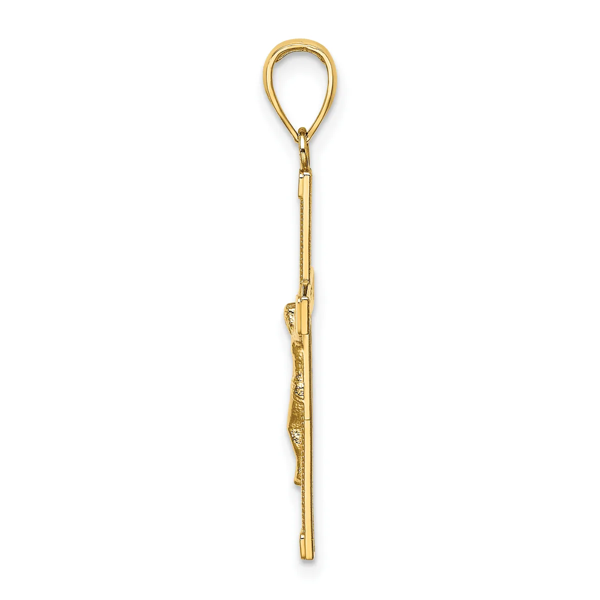 A long, slender gold pendant with a teardrop-shaped loop at the top and decorative detailing along the shaft, displayed vertically against a white background.