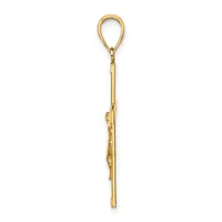 A long, slender gold pendant with a teardrop-shaped loop at the top and decorative detailing along the shaft, displayed vertically against a white background.