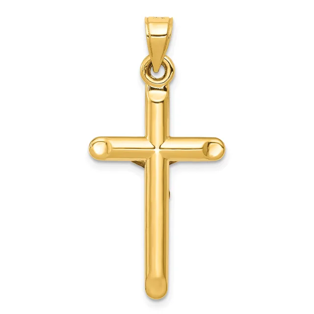 A polished gold cross pendant with rounded edges and a small loop attachment at the top, shown against a white background.
