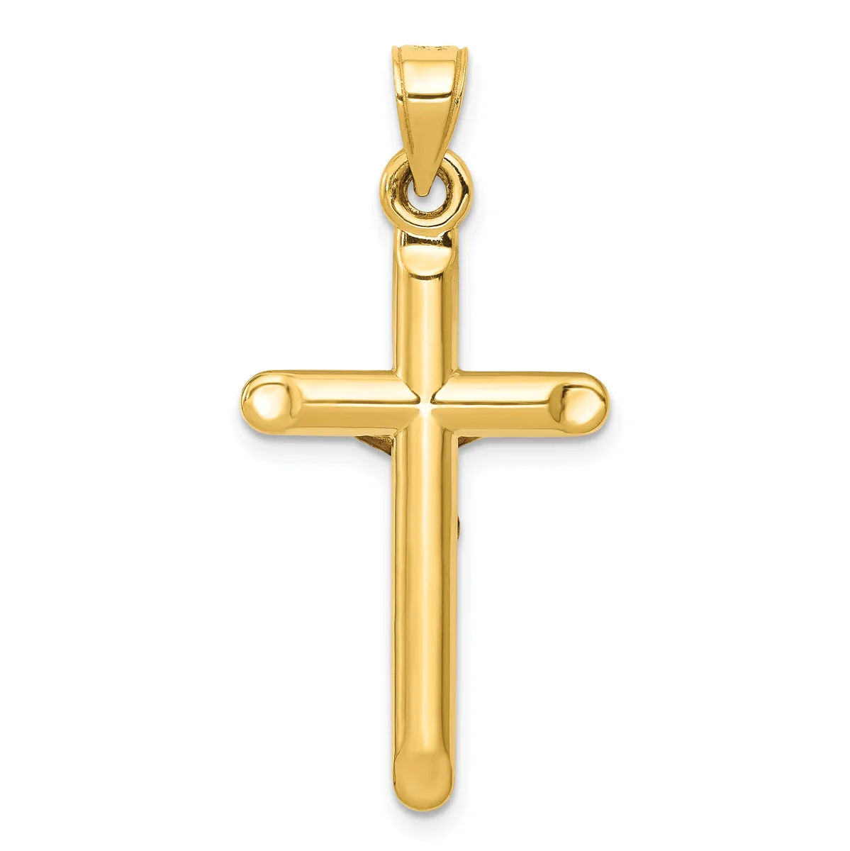 A polished gold cross pendant with rounded edges and a small loop attachment at the top, shown against a white background.