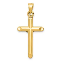 A polished gold cross pendant with rounded edges and a small loop attachment at the top, shown against a white background.