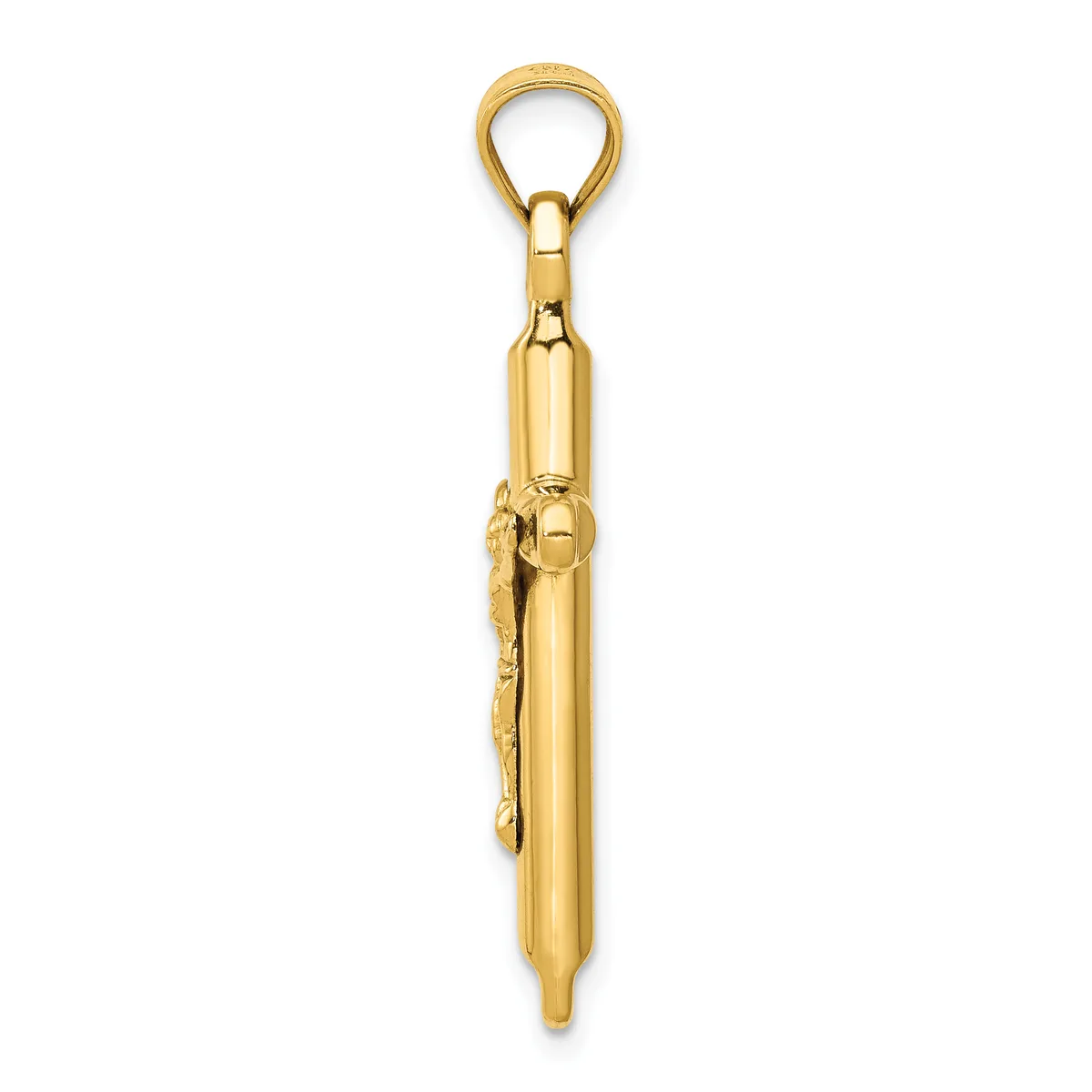 A polished gold-colored pendant with a loop at the top and a cylindrical body tapering to a point, with a small decorative element on one side.