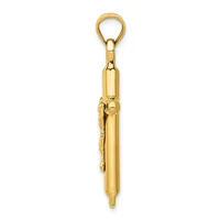 A polished gold-colored pendant with a loop at the top and a cylindrical body tapering to a point, with a small decorative element on one side.