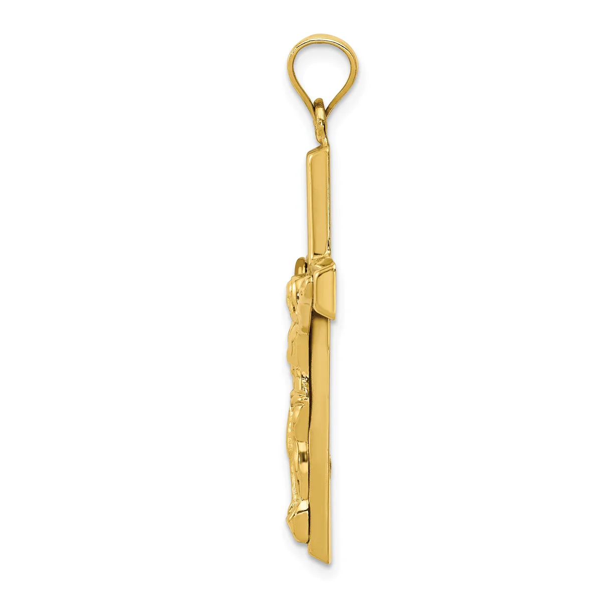 A gold-toned charm pendant featuring a thin rectangular plaque with decorative etched details, attached to a looped bail at the top.