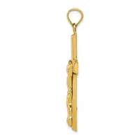 A gold-toned charm pendant featuring a thin rectangular plaque with decorative etched details, attached to a looped bail at the top.