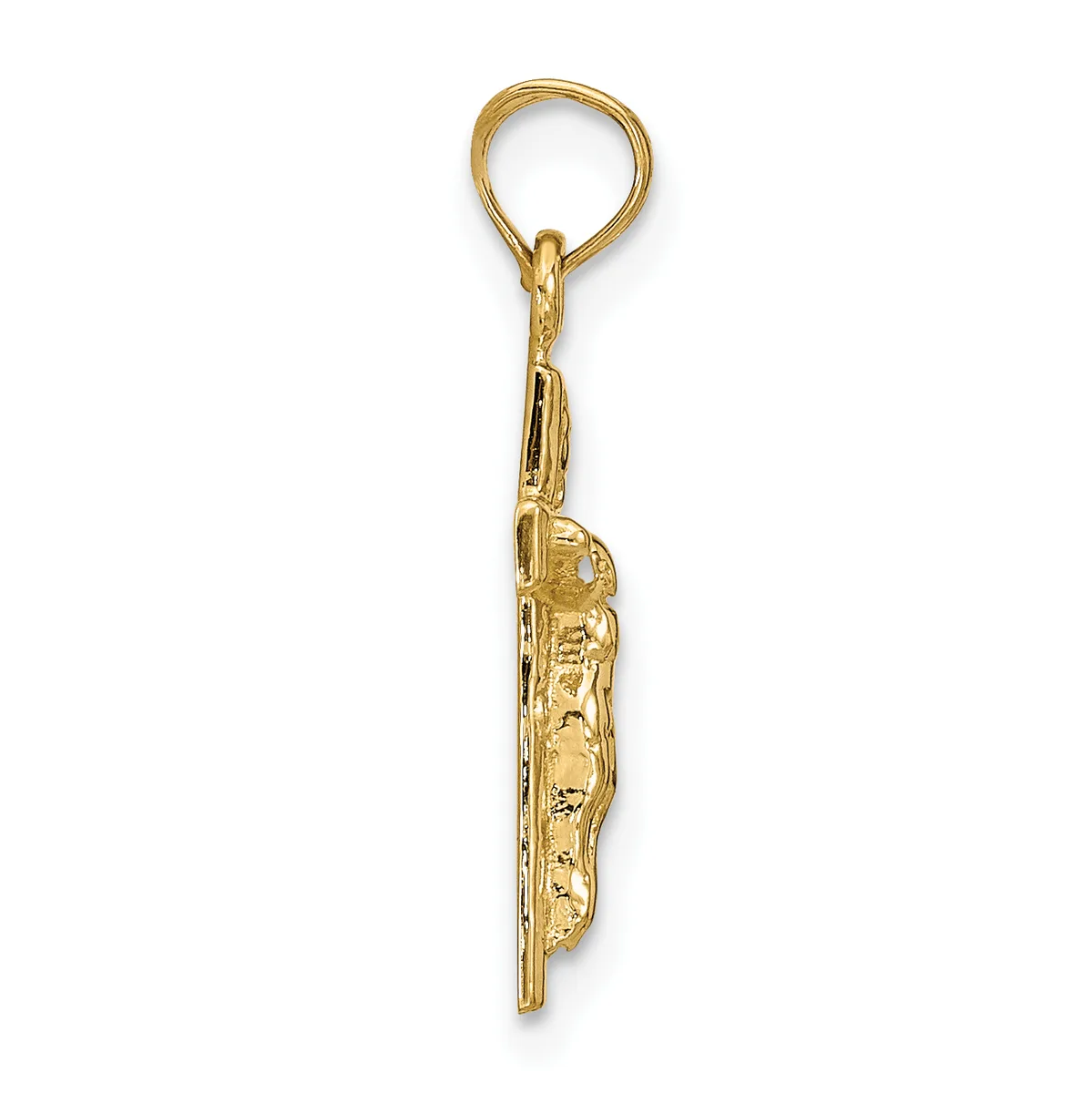 A gold-toned metal keychain pendant with an ornate textured surface and a split ring attachment at the top.