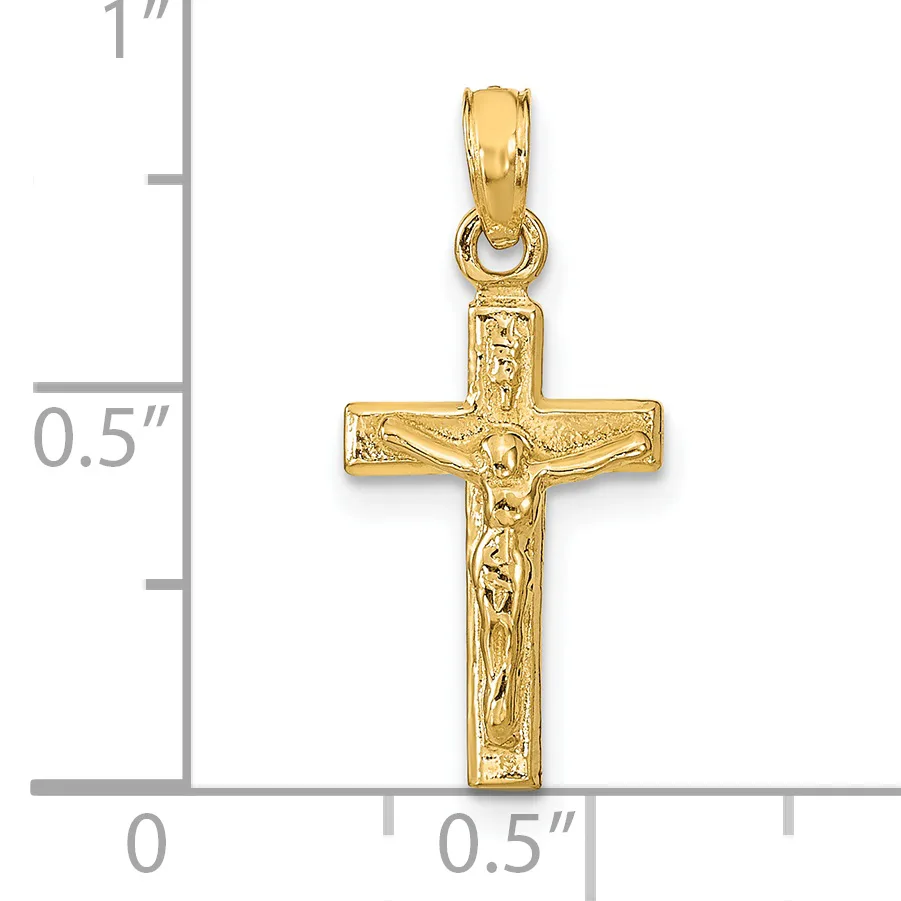 Gold crucifix pendant with textured surface and small loop bail, shown against a measurement scale indicating approximately 0.5 inches wide and 1 inch tall.