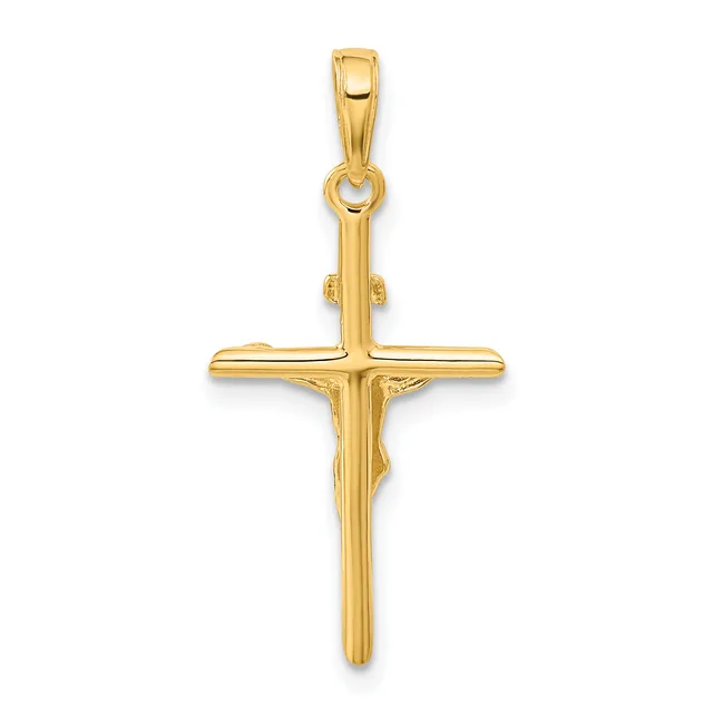 A gold cross pendant with a polished finish and a small hallmark, shown hanging from a bail against a white background.