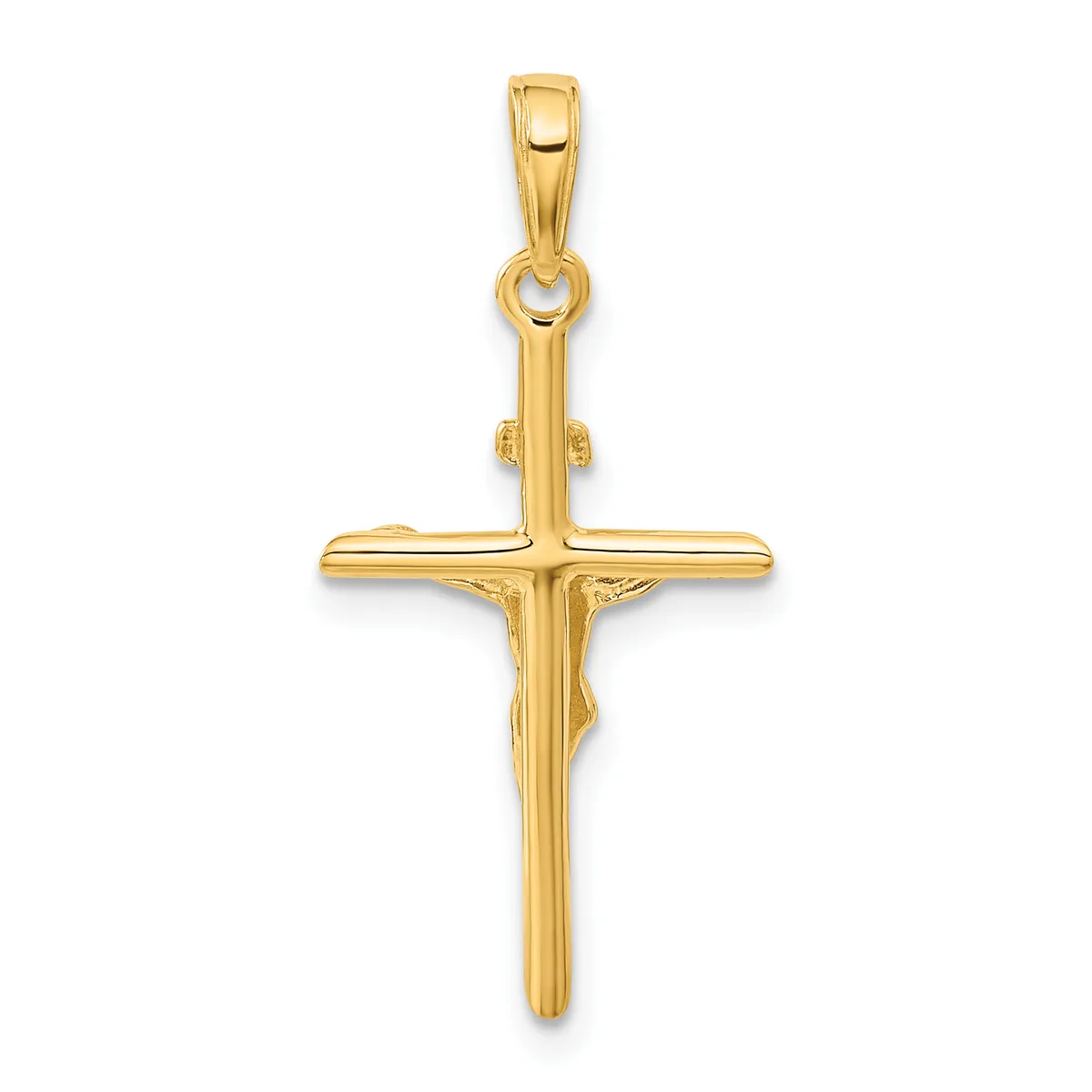 A gold cross pendant with a polished finish and a small hallmark, shown hanging from a bail against a white background.
