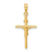 A gold cross pendant with a polished finish and a small hallmark, shown hanging from a bail against a white background.
