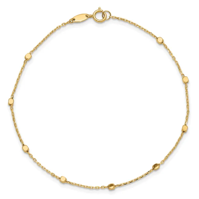 A gold chain bracelet with evenly spaced small spherical beads, featuring a lobster clasp closure, displayed against a white background.