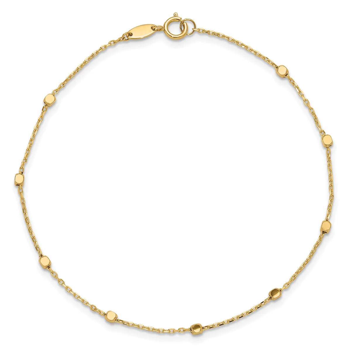 A gold chain bracelet with evenly spaced small spherical beads, featuring a lobster clasp closure, displayed against a white background.