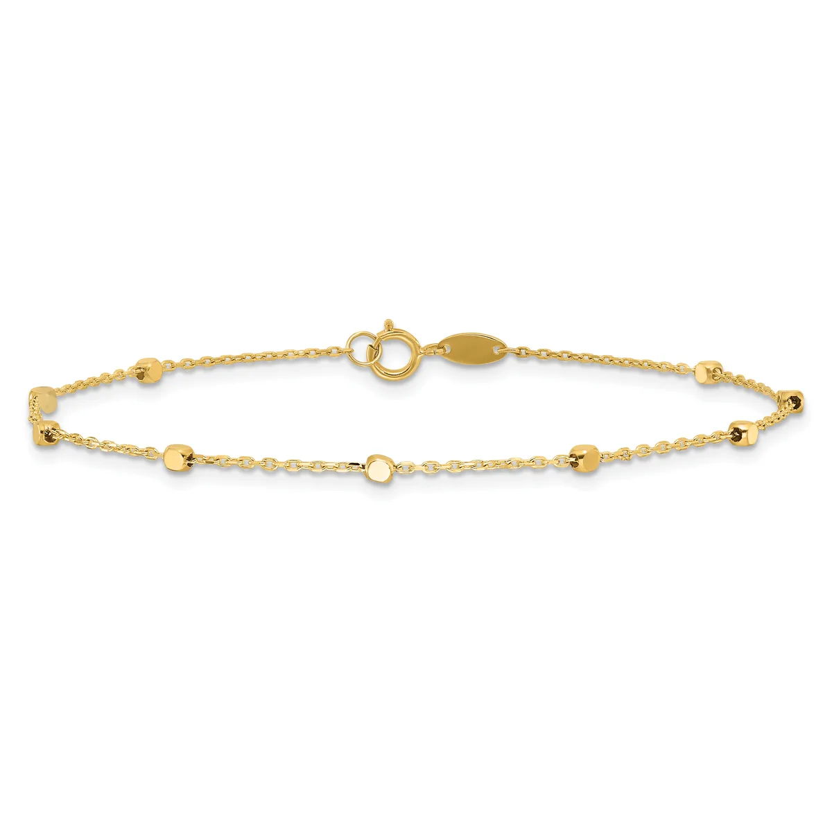 Gold chain bracelet with small spherical bead accents spaced along its length and a spring ring clasp at the center.
