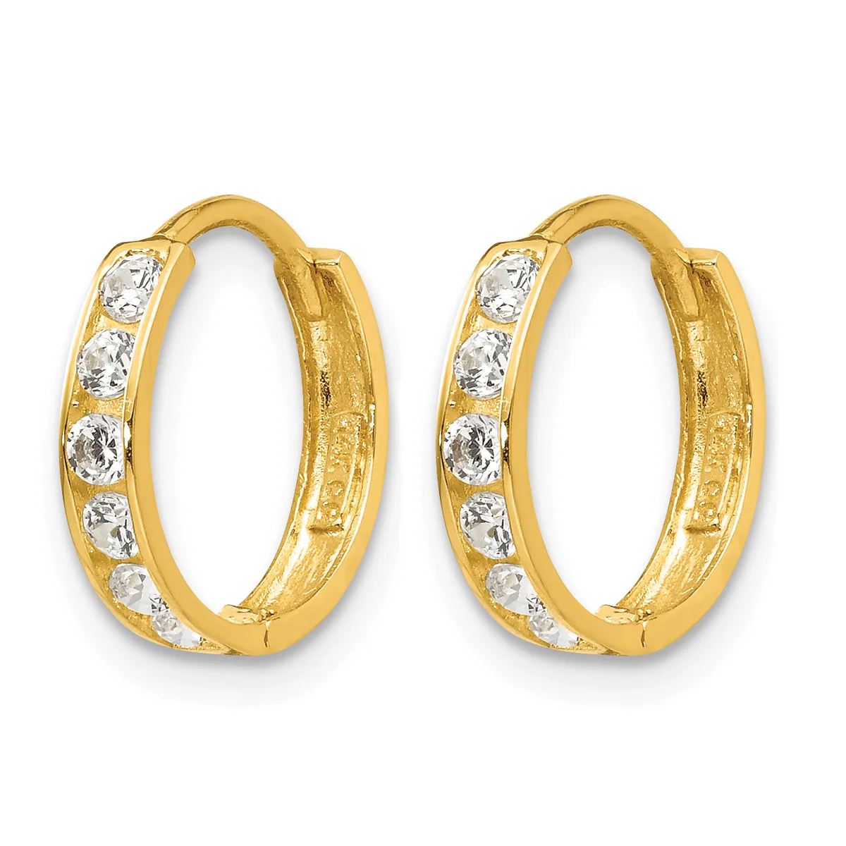 A pair of gold hoop earrings with cubic zirconia stones set along the outer surface, shown from the front against a white background.