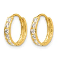 A pair of gold hoop earrings with cubic zirconia stones set along the outer surface, shown from the front against a white background.