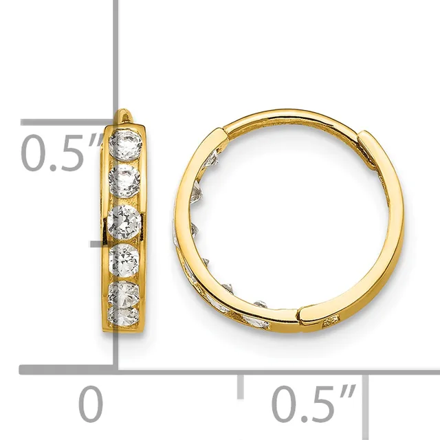 Gold hoop earrings with channel-set round cubic zirconia stones, shown from front and side views with a measurement scale indicating approximately half-inch diameter.