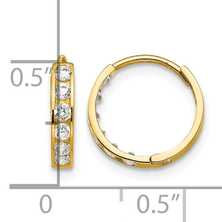 Gold hoop earrings with channel-set round cubic zirconia stones, shown from front and side views with a measurement scale indicating approximately half-inch diameter.