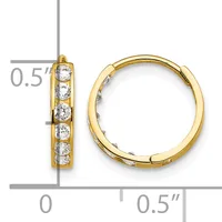 Gold hoop earrings with channel-set round cubic zirconia stones, shown from front and side views with a measurement scale indicating approximately half-inch diameter.