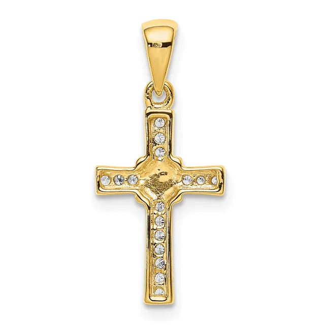 Gold cross pendant with small round cubic zirconia stones set along the vertical and horizontal bars, featuring a small crucifix figure at the center intersection.