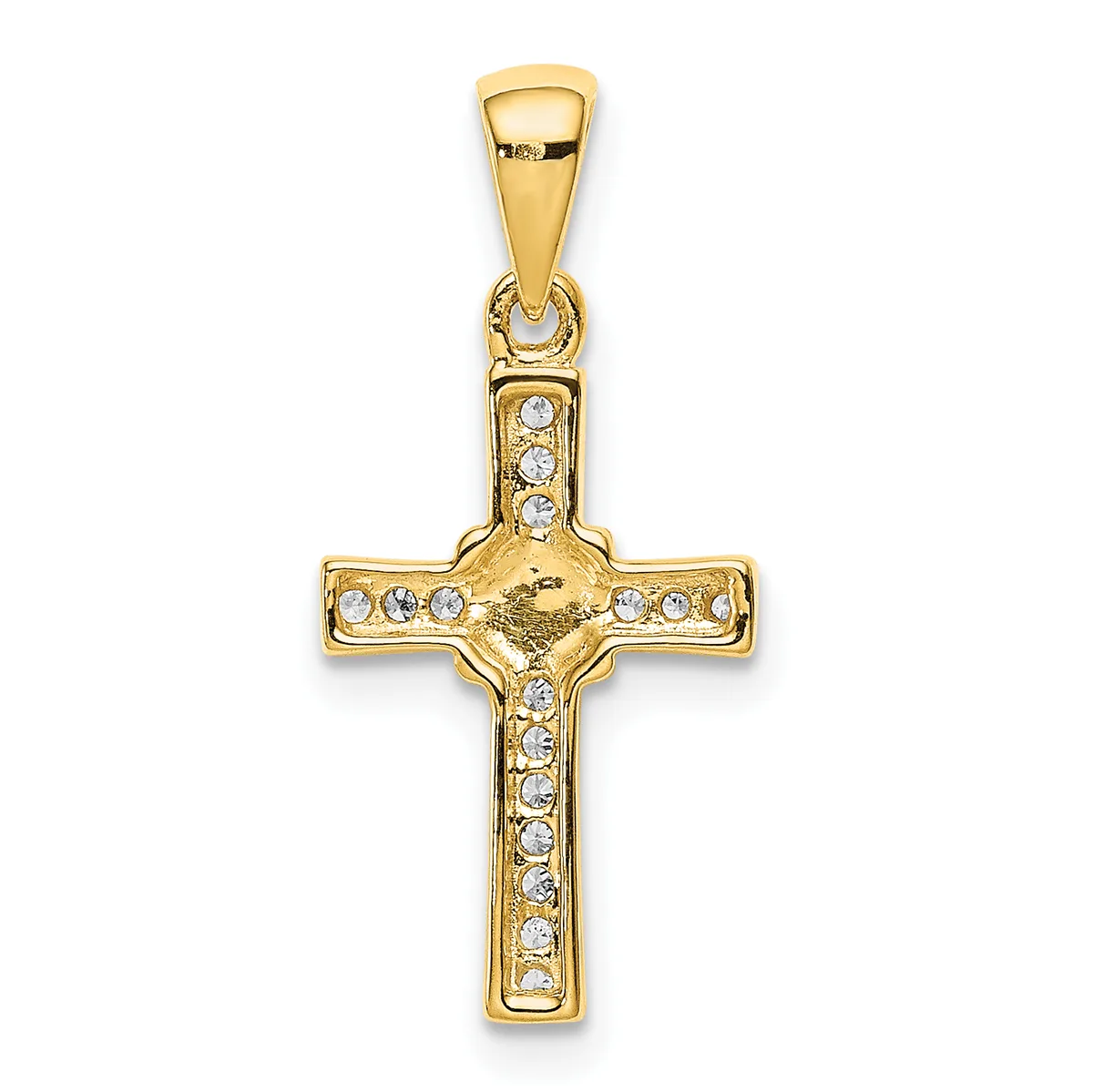 Gold cross pendant with small round cubic zirconia stones set along the vertical and horizontal bars, featuring a small crucifix figure at the center intersection.