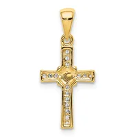 Gold cross pendant with small round cubic zirconia stones set along the vertical and horizontal bars, featuring a small crucifix figure at the center intersection.