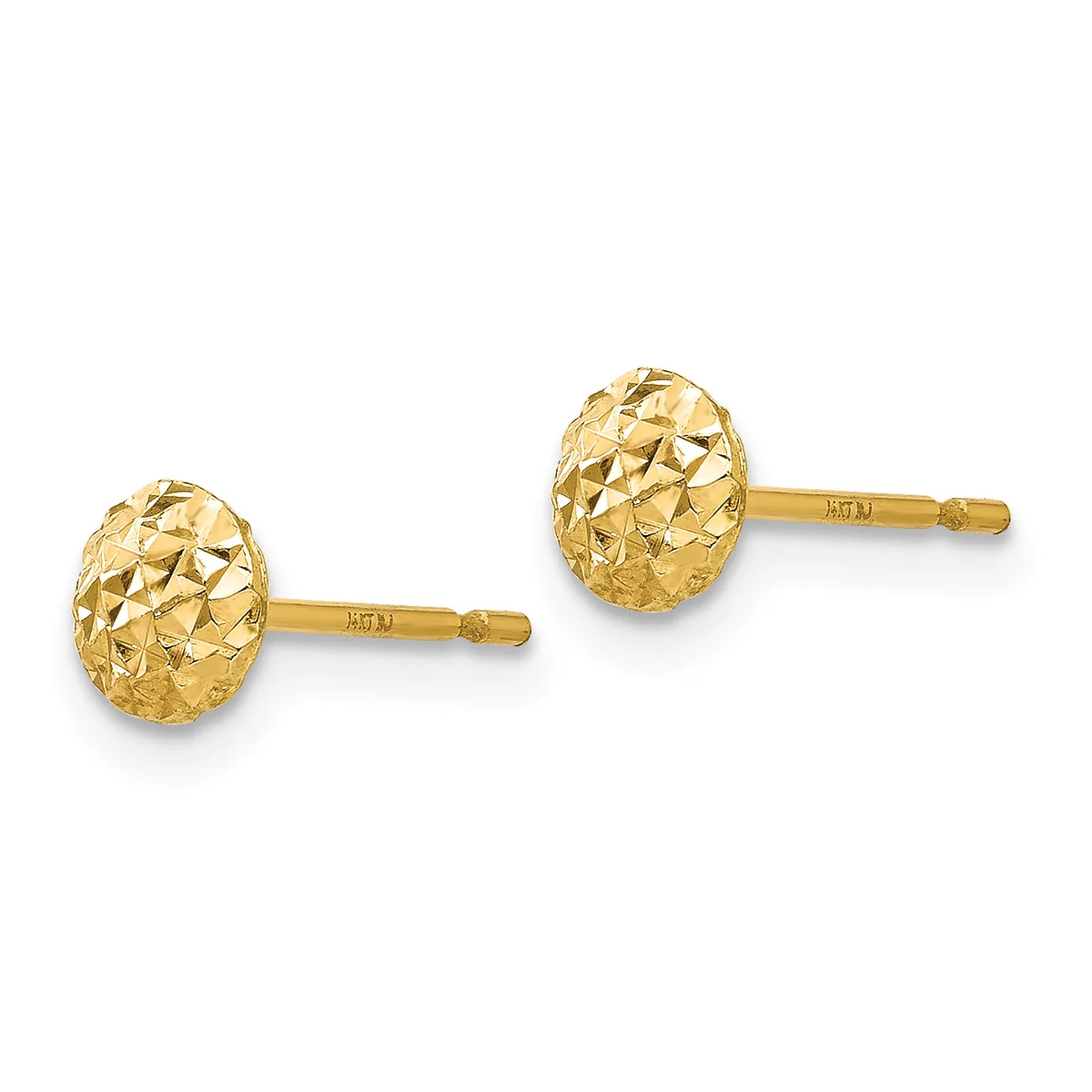 Pair of gold stud earrings with textured diamond-cut oval heads on posts with small stamped hallmarks.