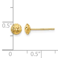 Pair of gold stud earrings with textured spherical heads shown next to a ruler indicating approximately half-inch diameter.