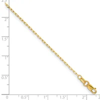 A gold-colored chain with a dotted pattern extends diagonally across a ruler, measuring approximately 2.5 inches in length, with a lobster clasp at one end.