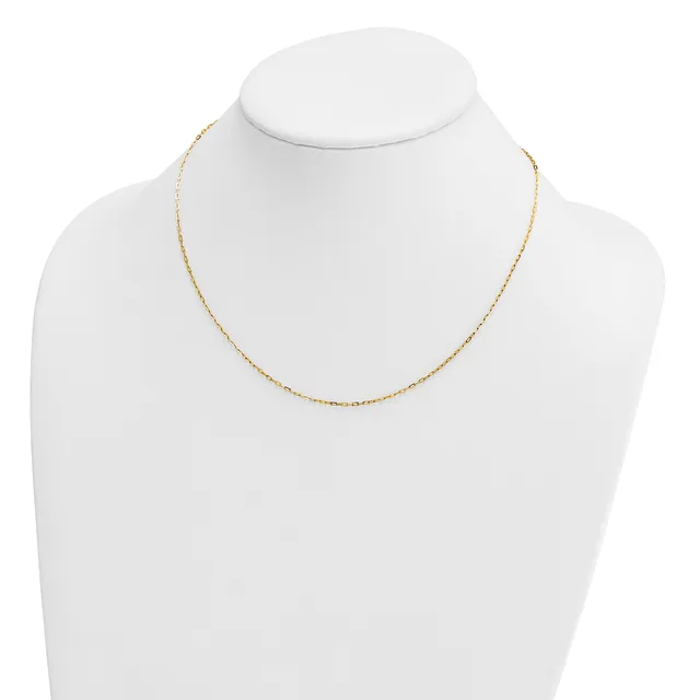A delicate gold-toned chain necklace displayed on a white mannequin bust.