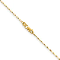 A gold chain necklace with small rectangular links and a lobster claw clasp, displayed diagonally against a white background.
