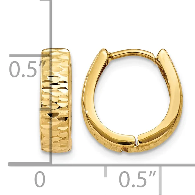 A pair of gold hoop earrings with a textured hammered finish, shown from front and side views with a measurement scale indicating approximately 0.5 inches in diameter.