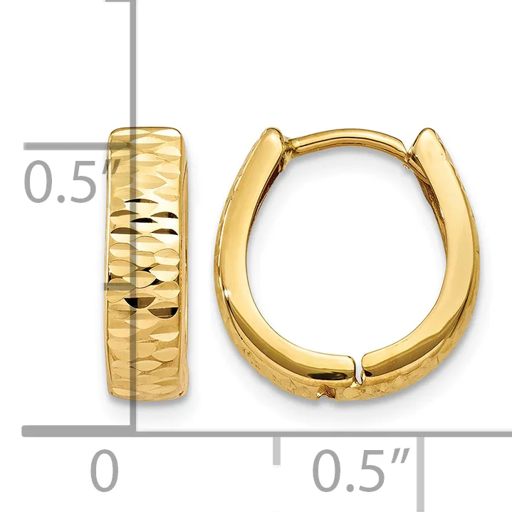 A pair of gold hoop earrings with a textured hammered finish, shown from front and side views with a measurement scale indicating approximately 0.5 inches in diameter.