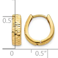 A pair of gold hoop earrings with a textured hammered finish, shown from front and side views with a measurement scale indicating approximately 0.5 inches in diameter.