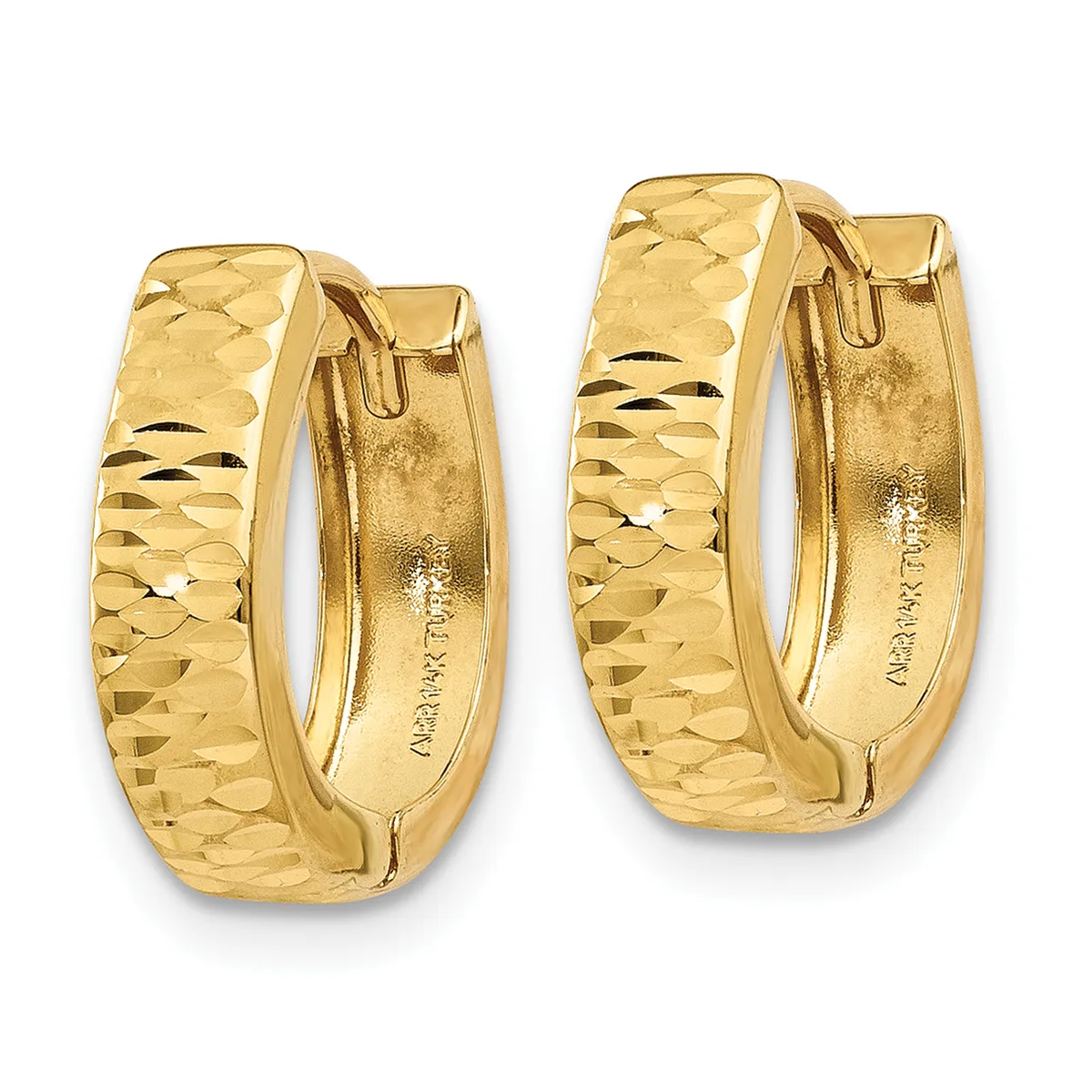 Pair of gold hoop earrings with textured diamond-cut surface and hinged closure, shown from front and back views.