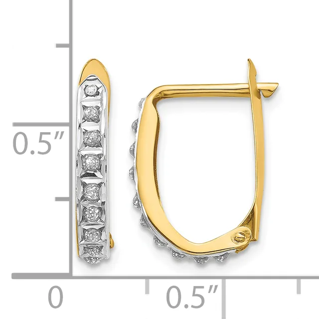 Two-tone gold hoop earrings with diamond accents arranged vertically and horizontally, displayed against a measurement scale showing approximately 0.5 inches in length.