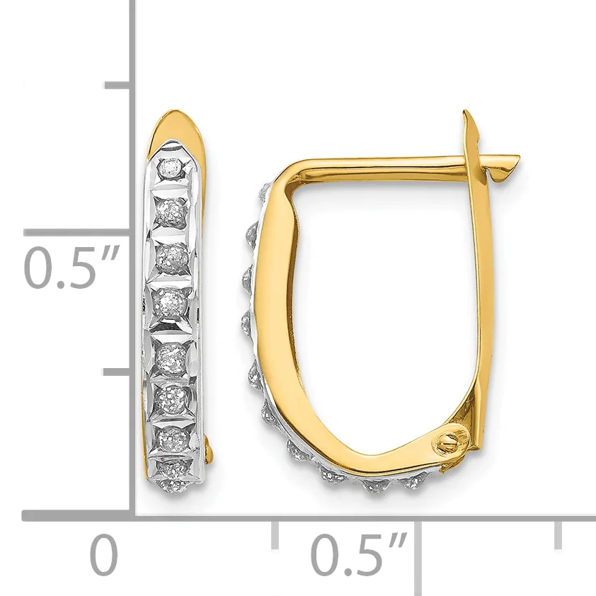 Two-tone gold hoop earrings with diamond accents arranged vertically and horizontally, displayed against a measurement scale showing approximately 0.5 inches in length.