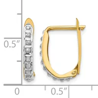 Two-tone gold hoop earrings with diamond accents arranged vertically and horizontally, displayed against a measurement scale showing approximately 0.5 inches in length.