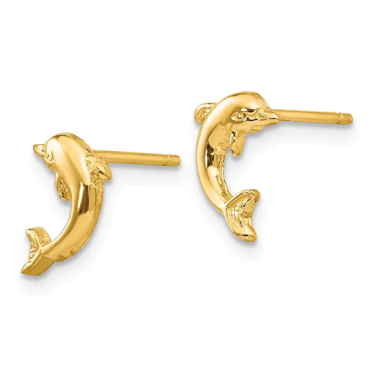 A pair of gold dolphin-shaped stud earrings with detailed fins and textured surfaces, shown from the front and side angles against a white background.