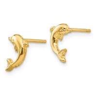 A pair of gold dolphin-shaped stud earrings with detailed fins and textured surfaces, shown from the front and side angles against a white background.