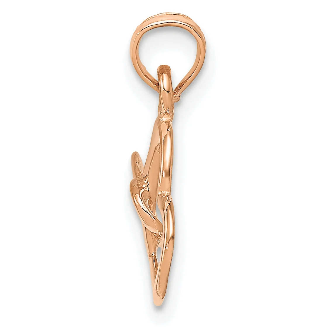 Rose gold charm pendant depicting a figure ice skater in motion, suspended from a loop bail.