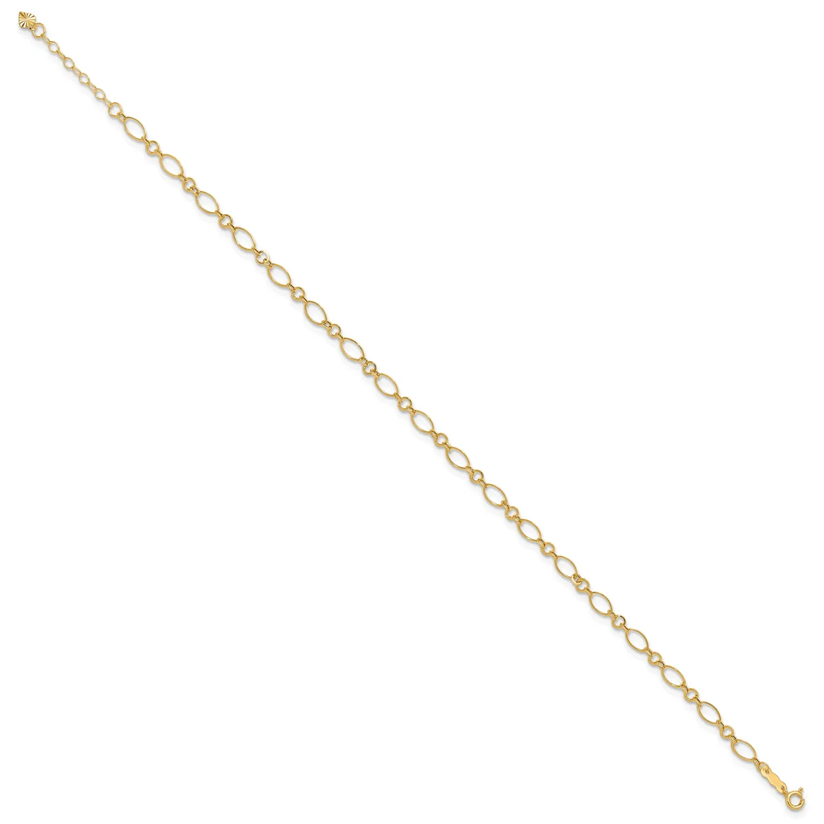 A delicate gold-toned chain bracelet with small oval links displayed diagonally against a white background.