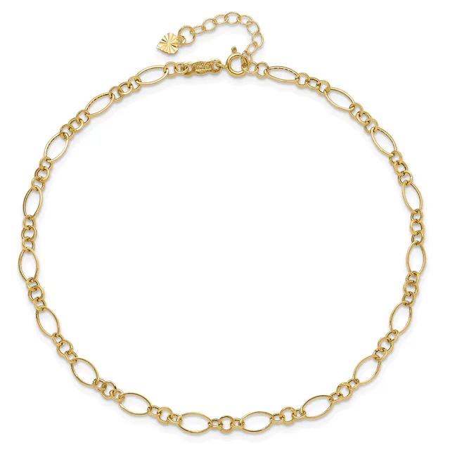 A gold-toned chain necklace with alternating oval and smaller circular links, featuring an adjustable length with an extension chain and small decorative charm at the clasp.