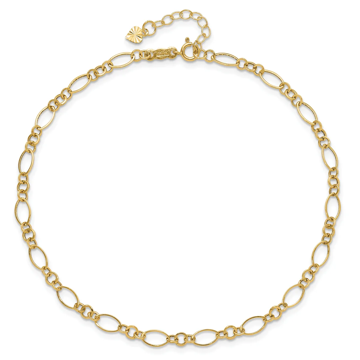 A gold-toned chain necklace with alternating oval and smaller circular links, featuring an adjustable length with an extension chain and small decorative charm at the clasp.