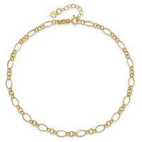 A gold-toned chain necklace with alternating oval and smaller circular links, featuring an adjustable length with an extension chain and small decorative charm at the clasp.